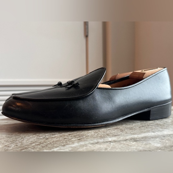 BELGIAN SHOES HENRI BLACK LEATHER SLIPPERS BOW TIE 11 MOCCASINS MOC LOAFERS